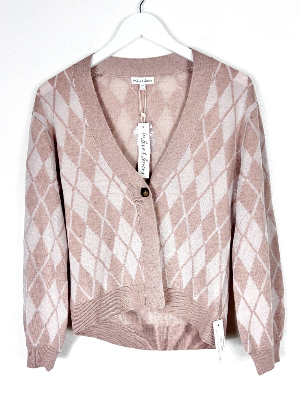NWT For Love & Lemons Argyle Cassidy cardigan sweater preppy mauve brown size XS